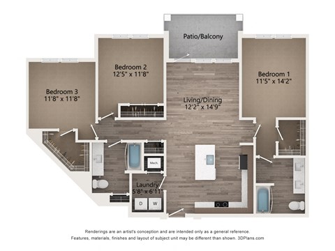 Floor plan for 3 beds, 2 baths, 1422 sqft